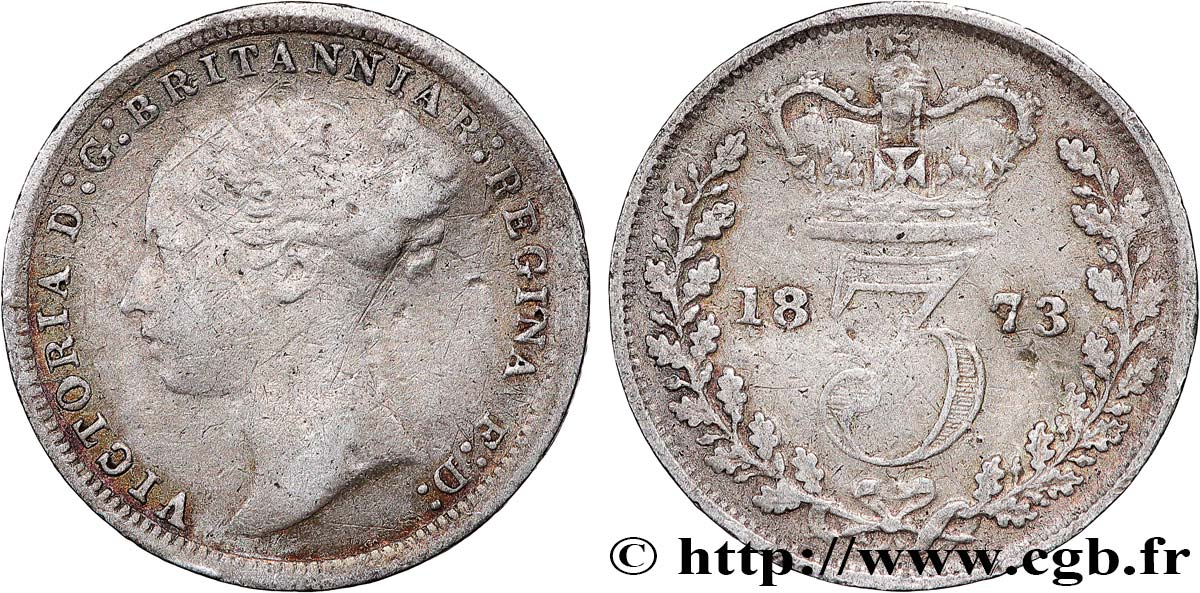 UNITED KINGDOM 3 Pence Victoria “Bun Head” 1873  VF 