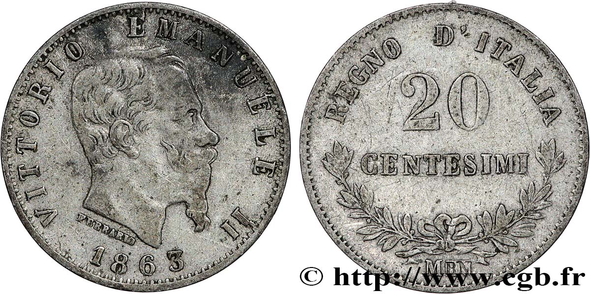 ITALIA 20 Centesimi Victor Emmanuel II 1863 Milan BC+ 