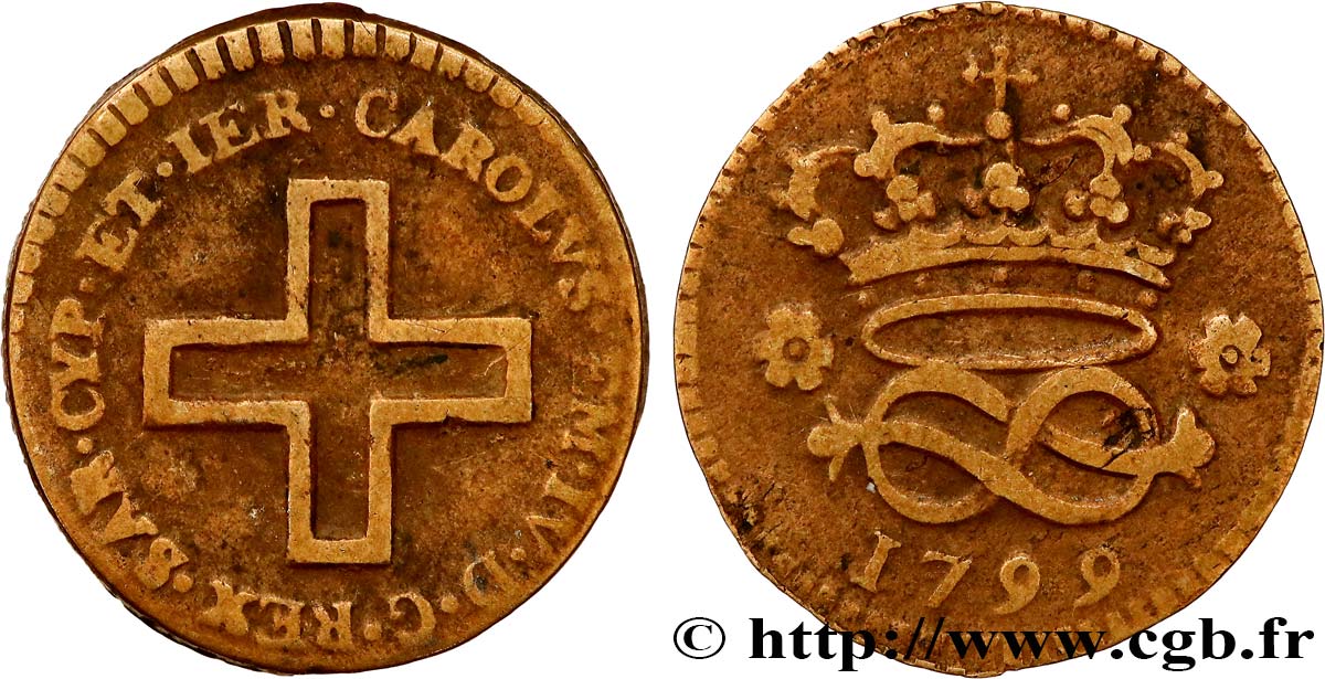 ITALY - SAVOY - DUCHY OF SAVOY - CHARLES-EMMANUEL IV 2 Denari 1799 Turin VF 