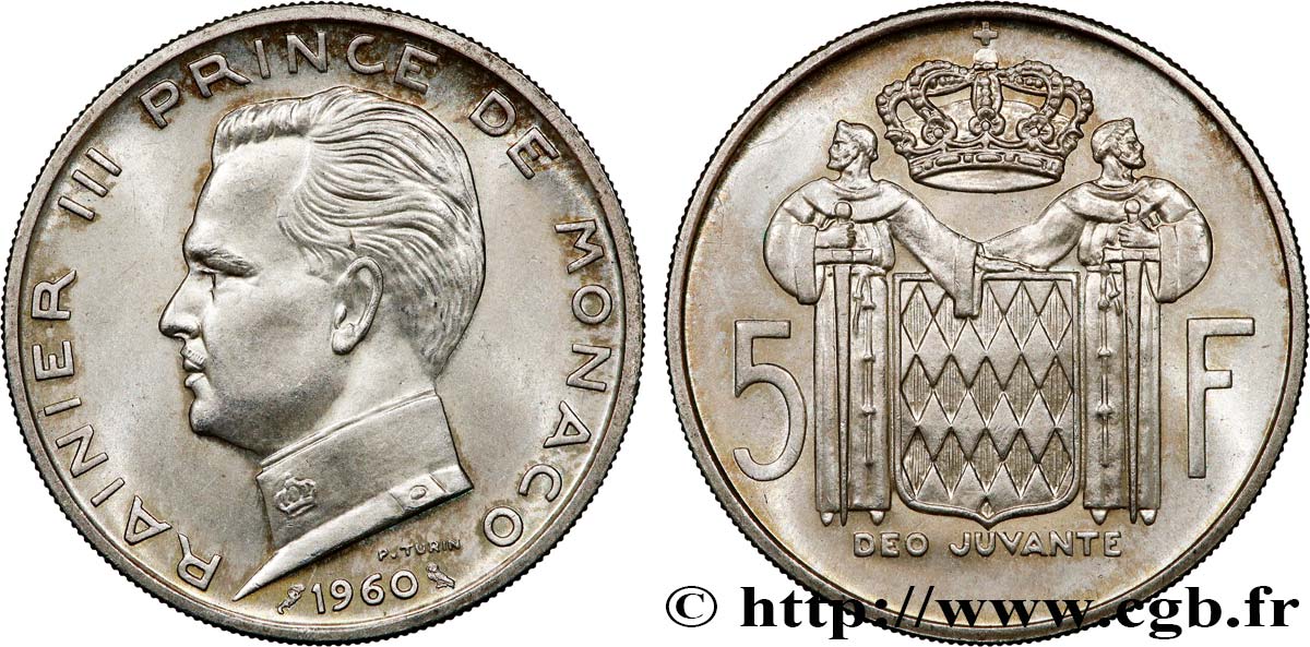 MONACO 5 Francs Rainier III 1960 Paris MS 