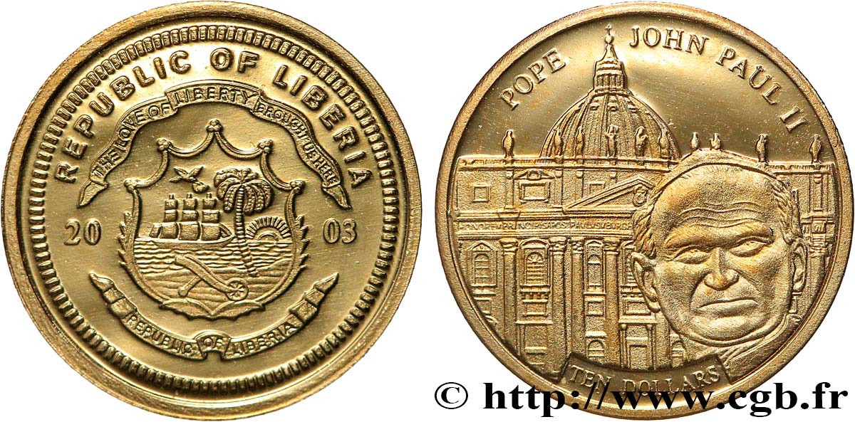 LIBERIA 10 Dollars Proof Jean Paul II 2003  ST 