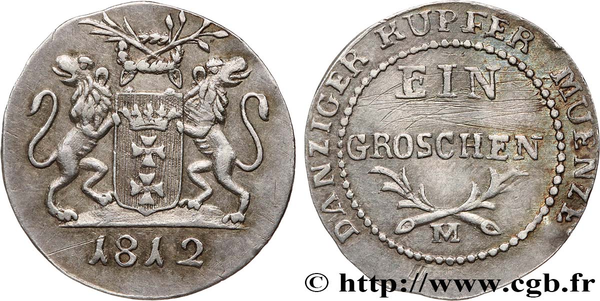 POLOGNE - GRAND-DUCHÉ DE VARSOVIE - OCCUPATION FRANÇAISE DE DANTZIG Essai du Groschen en argent 1812 Dantzig TTB+ 