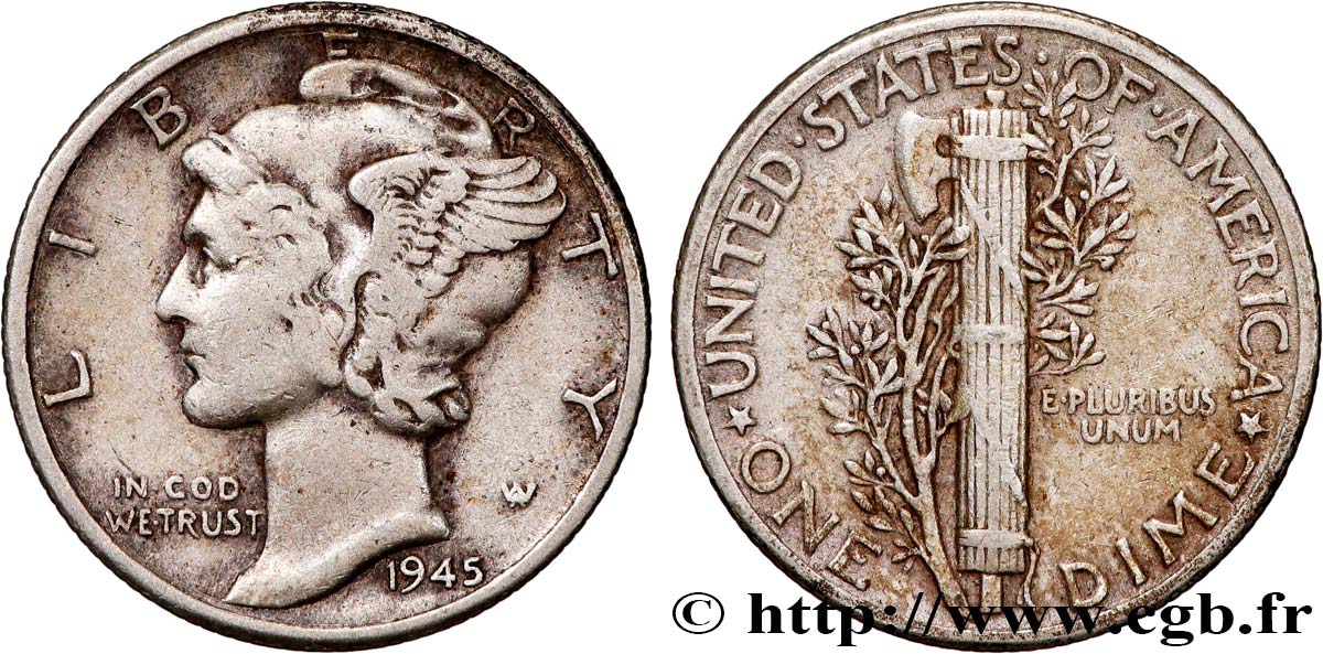 UNITED STATES OF AMERICA 1 Dime Mercury 1945 Philadelphie XF 