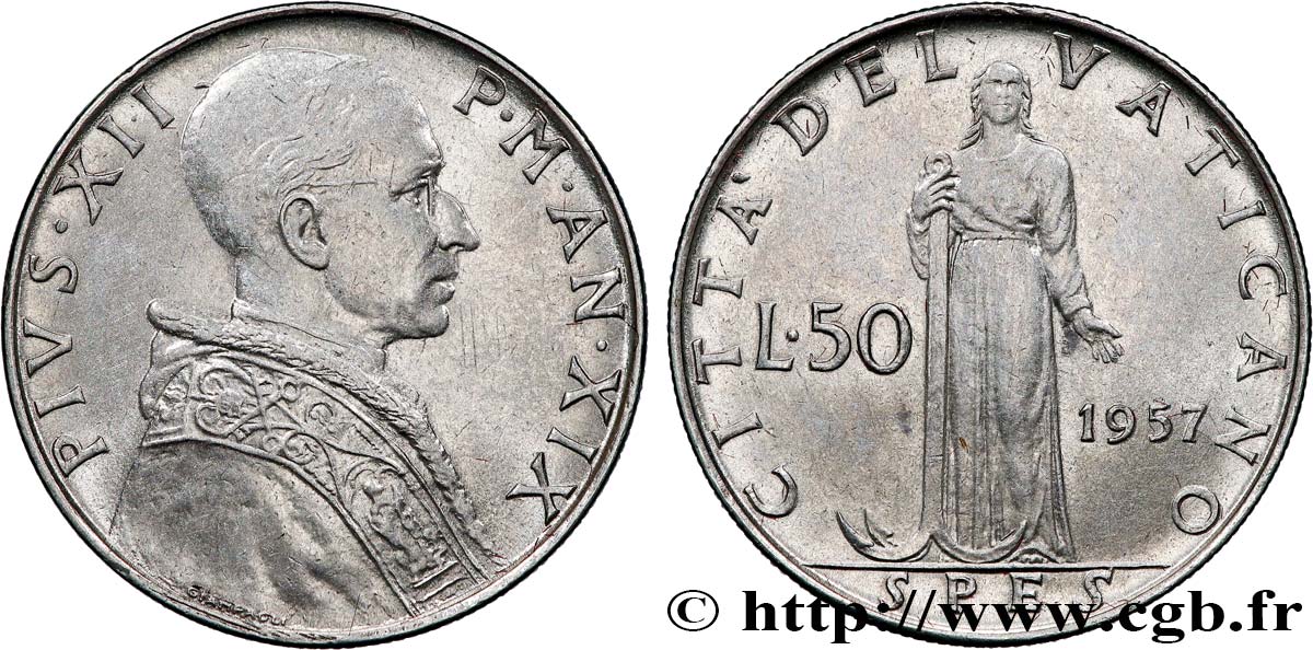 VATICAN ET ÉTATS PONTIFICAUX 50 Lire Pie XII an XIX / Spes 1957 Rome - R SUP 
