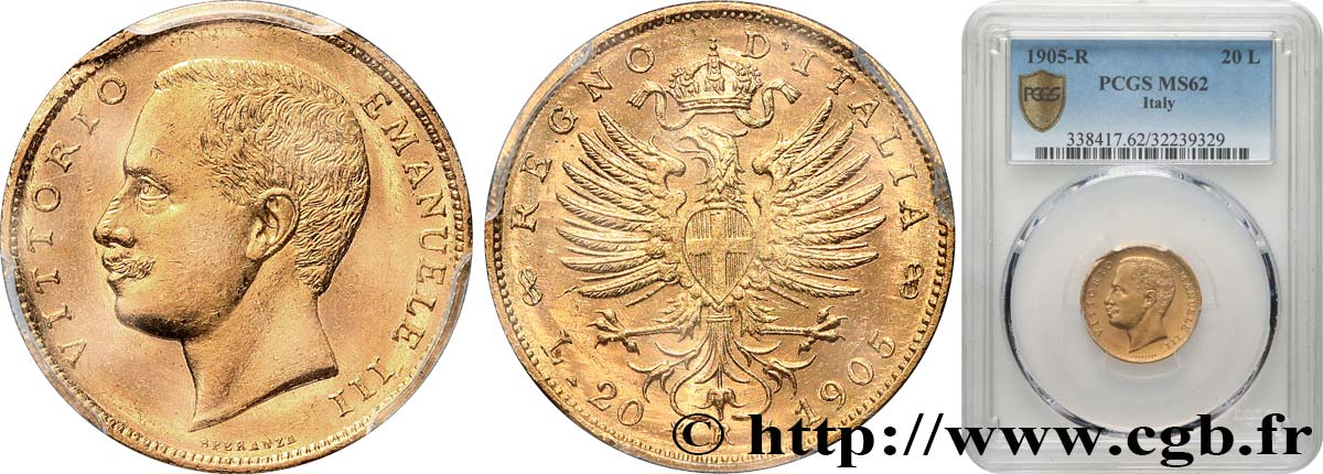 ITALY - KINGDOM OF ITALY - VICTOR-EMMANUEL III 20 Lire 1905 Rome MS62 PCGS