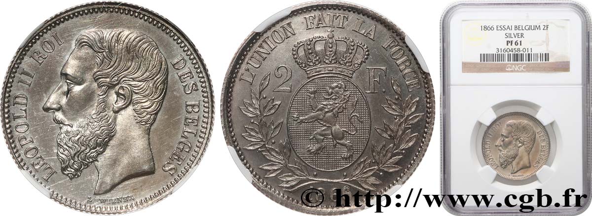 BELGIUM - KINGDOM OF BELGIUM - LEOPOLD II Essai 2 Francs légende française 1866  AU NGC