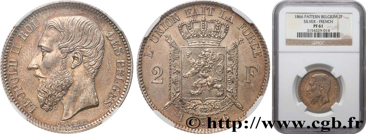 BELGIQUE - ROYAUME DE BELGIQUE - LÉOPOLD II Essai 2 Francs légende française 1866  SUP61 NGC
