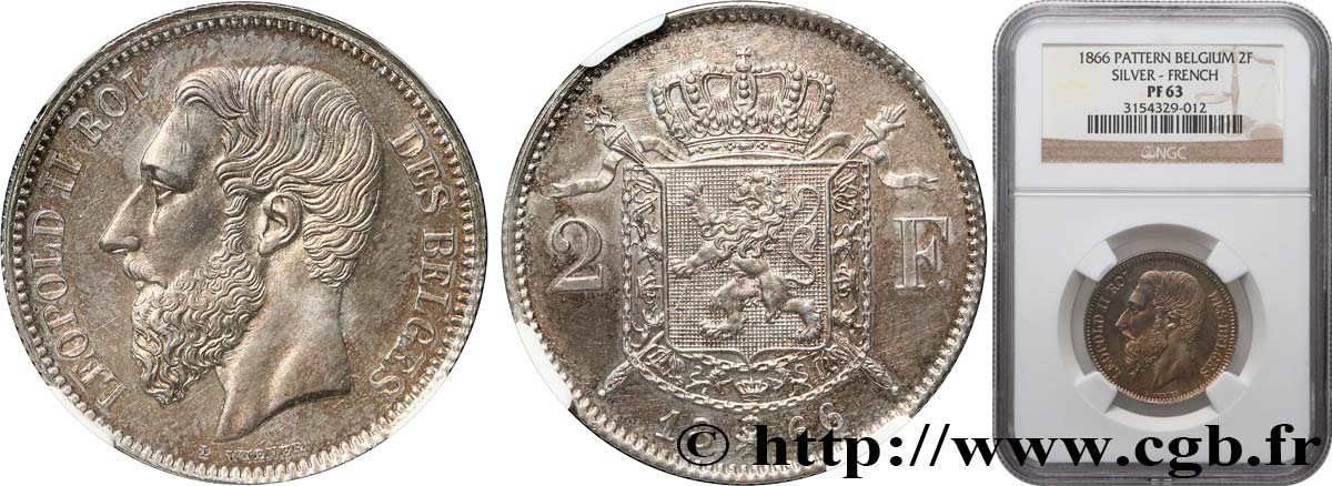 BELGIQUE - ROYAUME DE BELGIQUE - LÉOPOLD II Essai 2 Francs légende française 1866  SPL63 NGC