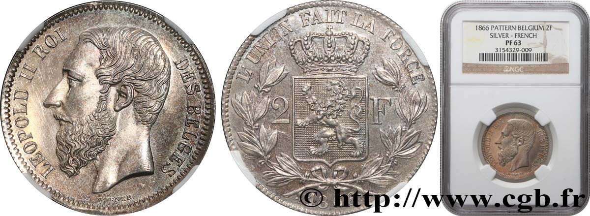 BELGIQUE - ROYAUME DE BELGIQUE - LÉOPOLD II Essai 2 Francs légende française 1866  fST NGC