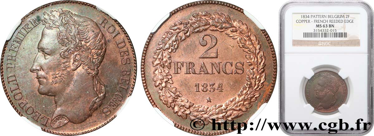 BELGIQUE - ROYAUME DE BELGIQUE - LÉOPOLD Ier Épreuve en bronze de la 2 Francs  1834  SC63 NGC