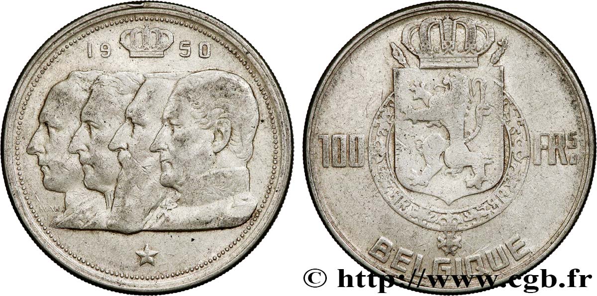 BELGIQUE 100 Francs portraits des quatre rois de Belgique, légende française 1950  TTB 