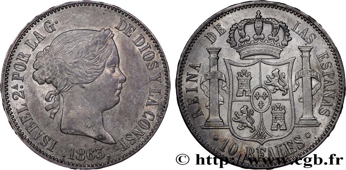 SPAIN - KINGDOM OF SPAIN - ISABELLA II 10 Reales  1863 Madrid AU 