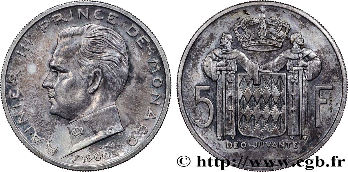 MONACO Essai de 5 Francs en argent Rainier III 1960 Paris SPL 