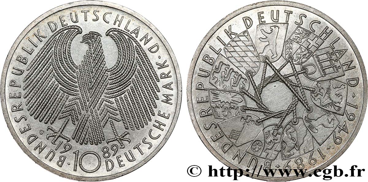 ALLEMAGNE 10 Mark aigle héraldique / 40e anniversaire de la fondation de la République Fédérale Allemande 1989 Karlsruhe SPL 
