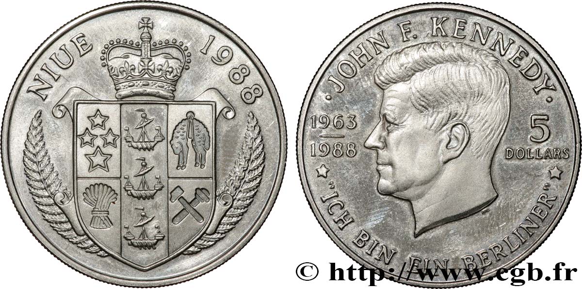 NIUE 5 Dollars Proof 25e anniversaire de la visite de John F. Kennedy à Berlin 1988 Pobjoy Mint fST 