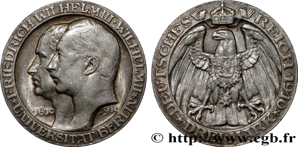 GERMANY - PRUSSIA 3 Mark, 100e anniversaire de l’Université de Berlin 1910 Berlin XF 