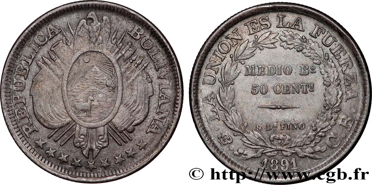 BOLIVIA 50 Centavos (1/2 Boliviano) 1891 Potosi BB 