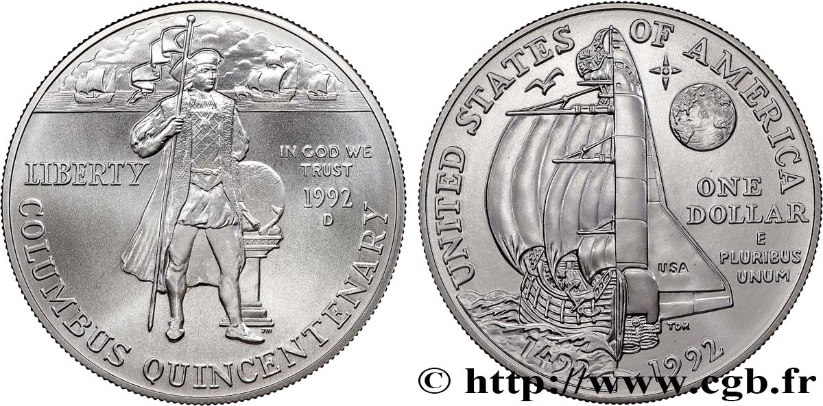 VEREINIGTE STAATEN VON AMERIKA 1 Dollar Proof 500e anniversaire de la découverte de l’Amérique par Christophe Colomb 1992 Denver fST 