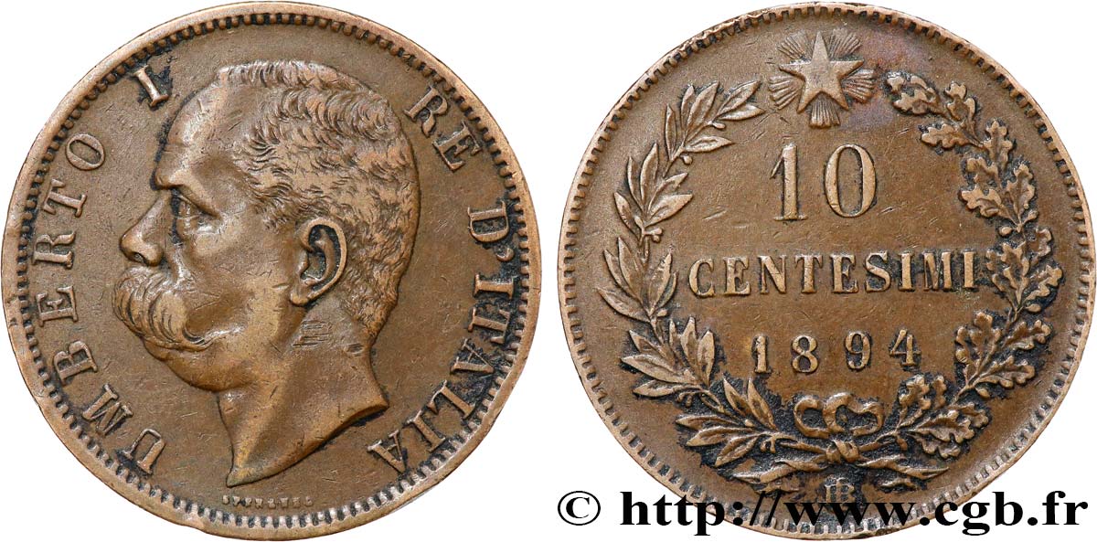ITALIE 10 Centesimi Humbert Ier 1894 Birmingham TB+ 