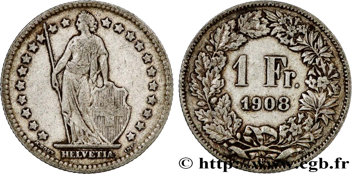 SUIZA 1 Franc Helvetia 1908 Berne BC+ 