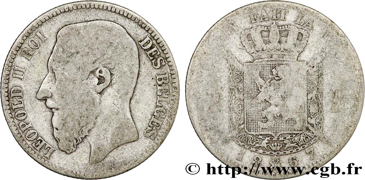 BELGIQUE 2 Francs Léopold II légende française 1867  TB 