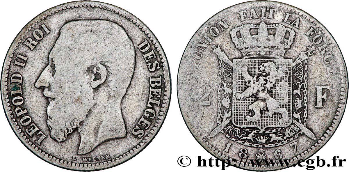 BELGIQUE 2 Francs Léopold II légende française 1867  TB 