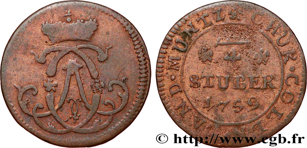 ALLEMAGNE - COLOGNE 1/4 Stuber Clément-Auguste de Bavière 1759  TB 
