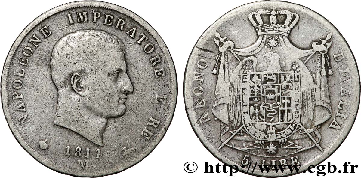 ITALIE - ROYAUME D ITALIE - NAPOLÉON Ier 5 Lire 1811 Milan TB+ 
