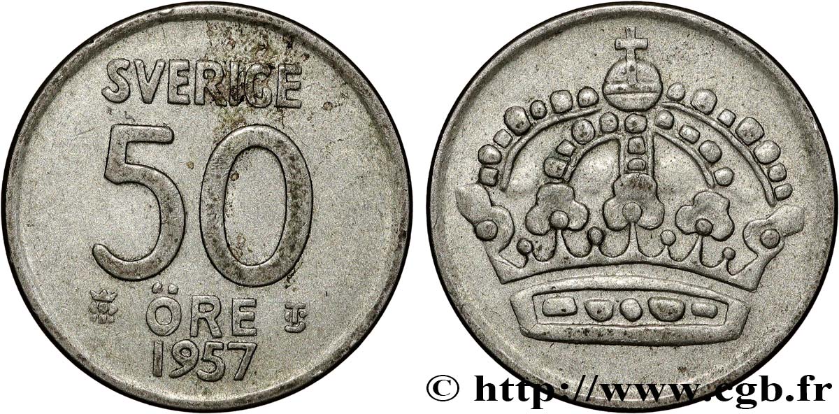 SUÈDE 50 Ore 1957  TTB 
