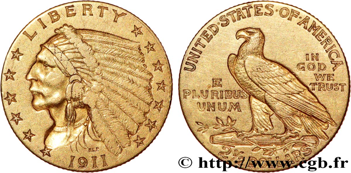 UNITED STATES OF AMERICA 2 1/2 Dollars  Indian Head  1911 Philadelphie XF 