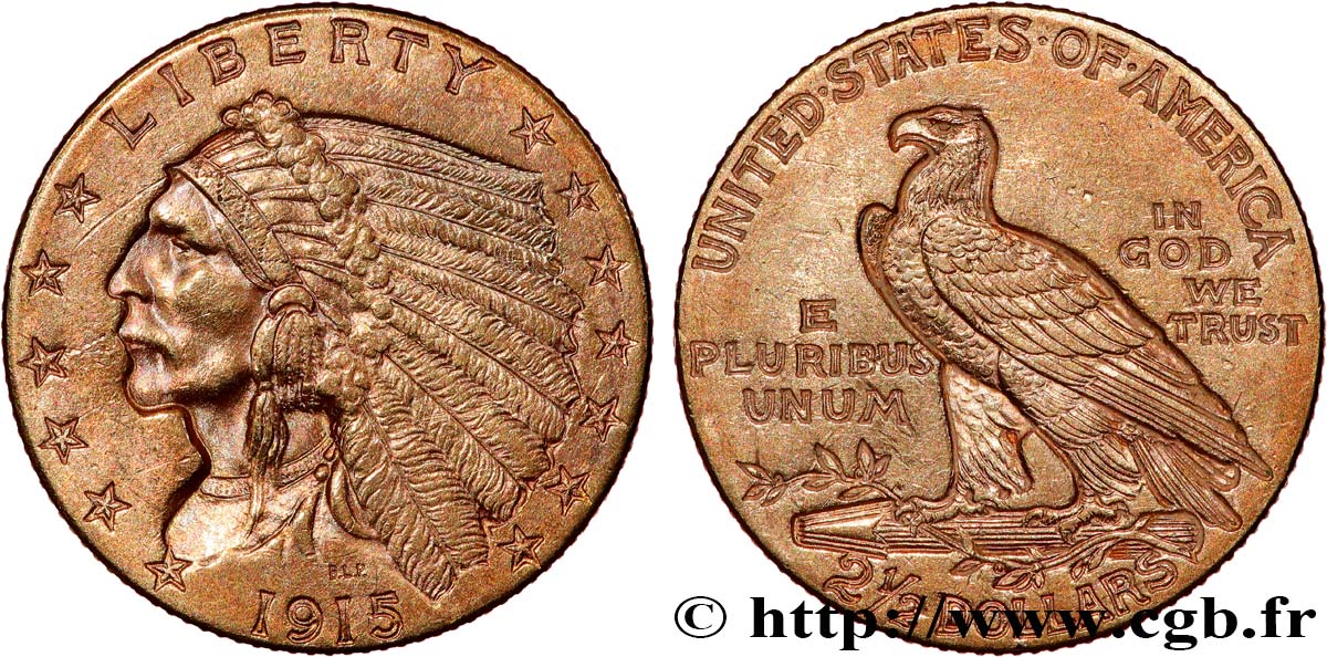 UNITED STATES OF AMERICA 2 1/2 Dollars  Indian Head  1915 Philadelphie AU 