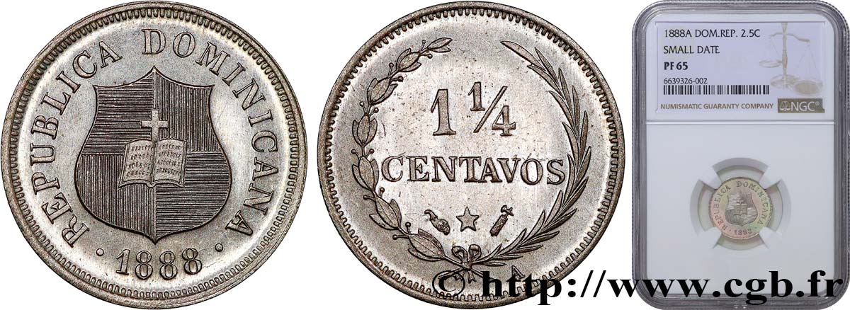 DOMINICAN REPUBLIC 1 1/4  Centavos Proof 1888 Paris MS65 NGC
