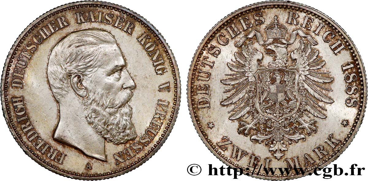 ALLEMAGNE - ROYAUME DE PRUSSE - FRÉDÉRIC III 2 Mark 1888 Berlin EBC+ 