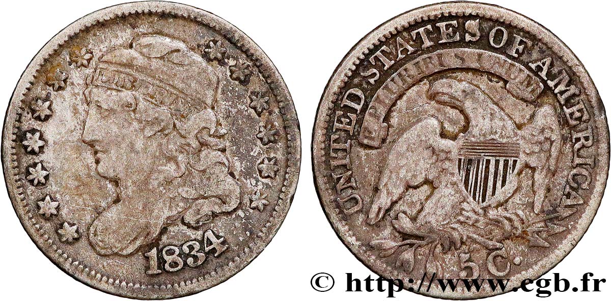 UNITED STATES OF AMERICA 5 Cents “capped bust” 1834 Philadelphie VF 