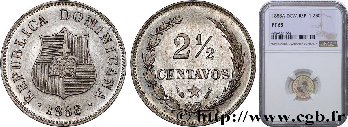 REPúBLICA DOMINICANA 2 1/2 Centavos Proof 1888 Paris FDC65 NGC