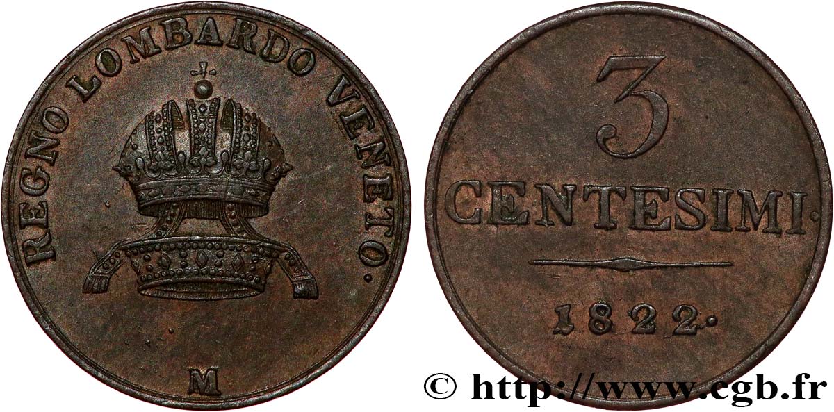 ITALIA - LOMBARDIA-VENETO 3 Centesimi 1822 Milan - M SPL 