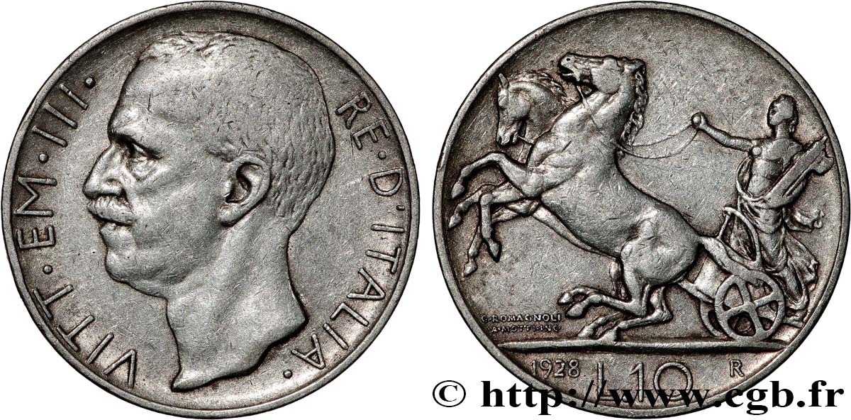 ITALIE - ROYAUME D ITALIE - VICTOR-EMMANUEL III 10 Lire char antique 1928 Rome TTB 
