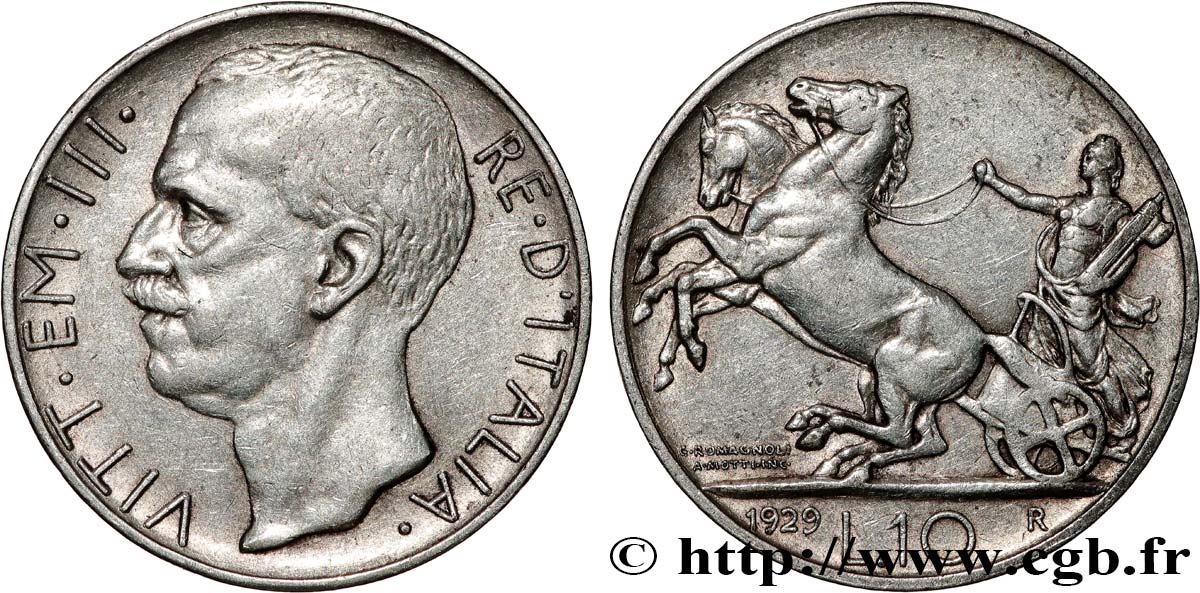 ITALIA - REINO DE ITALIA - VÍCTOR-MANUEL III 10 Lire char antique 1929 Rome MBC 