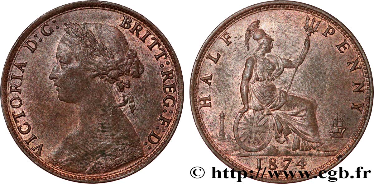GRAN BRETAGNA - VICTORIA 1/2 Penny Victoria “Bun Head” 1874  SPL 