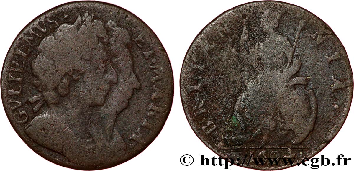 ANGLETERRE - ROYAUME D ANGLETERRE - GUILLAUME III ET MARIE-STUART 1 Farthing 1694  B+ 