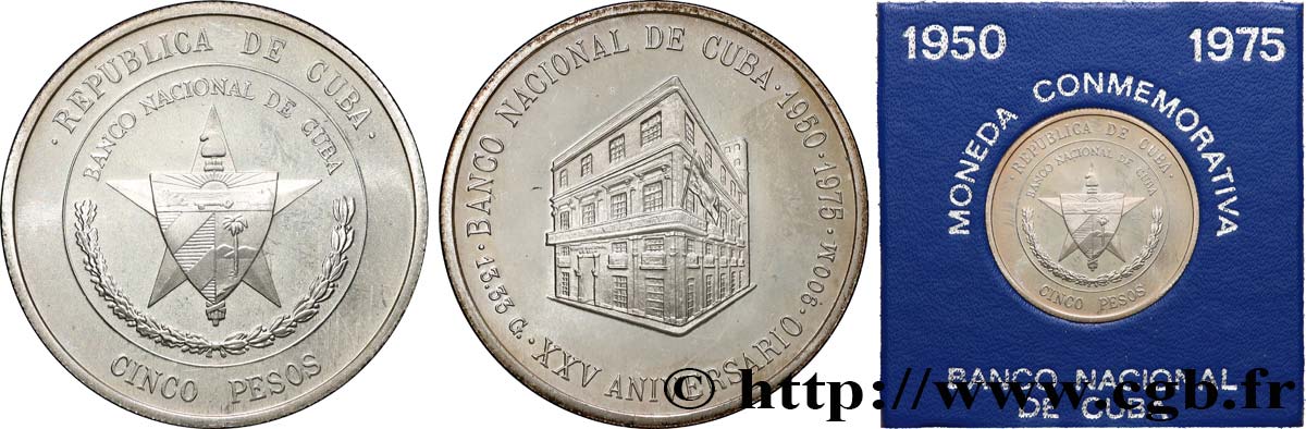 CUBA 5 Pesos Proof 25e anniversaire de la banque centrale 1975 La Havane SPL 