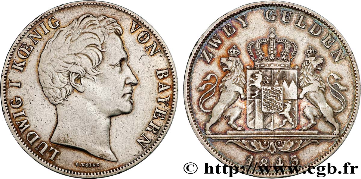 GERMANY - KINGDOM OF BAVARIA - LUDWIG I 2 Gulden 1845 Munich XF 