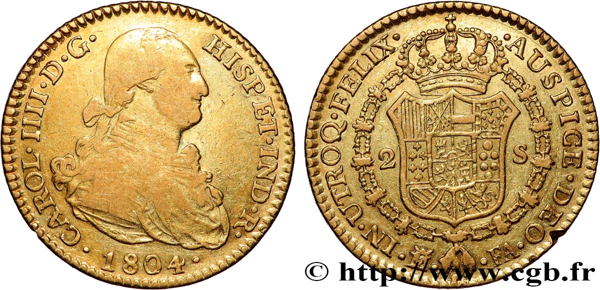 SPAIN - KINGDOM OF SPAIN - CHARLES IV 2 Escudos  1804 Madrid VF/XF 