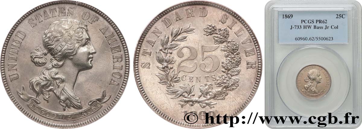 STATI UNITI D AMERICA Épreuve 25 Cents 1869  MS63 PCGS