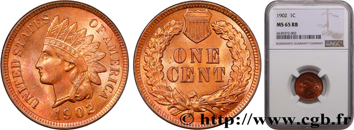 ÉTATS-UNIS D AMÉRIQUE 1 Cent tête d’indien, 3e type 1902 Philadelphie FDC65 NGC