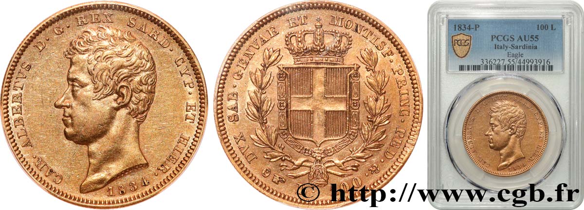 ITALIA - REINO DE CERDEÑA  - CARLO ALBERTO 100 Lire 1834 Turin EBC55 PCGS