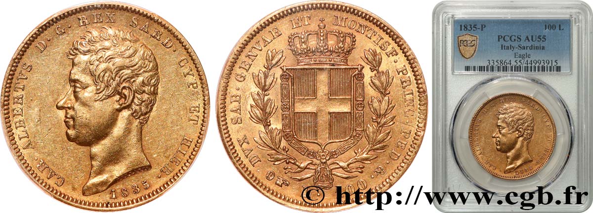 ITALY - KINGDOM OF SARDINIA - CHARLES-ALBERT 100 Lire 1835 Turin AU55 PCGS