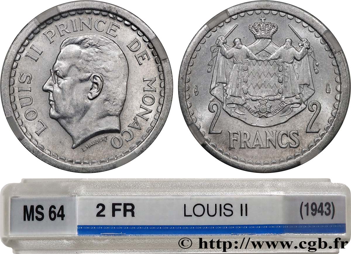 MONACO 2 Francs Louis II (1943) Paris SPL64 GENI
