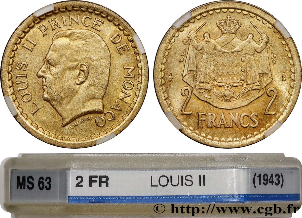 MONACO 2 Francs Louis II (1943) Paris MS63 GENI