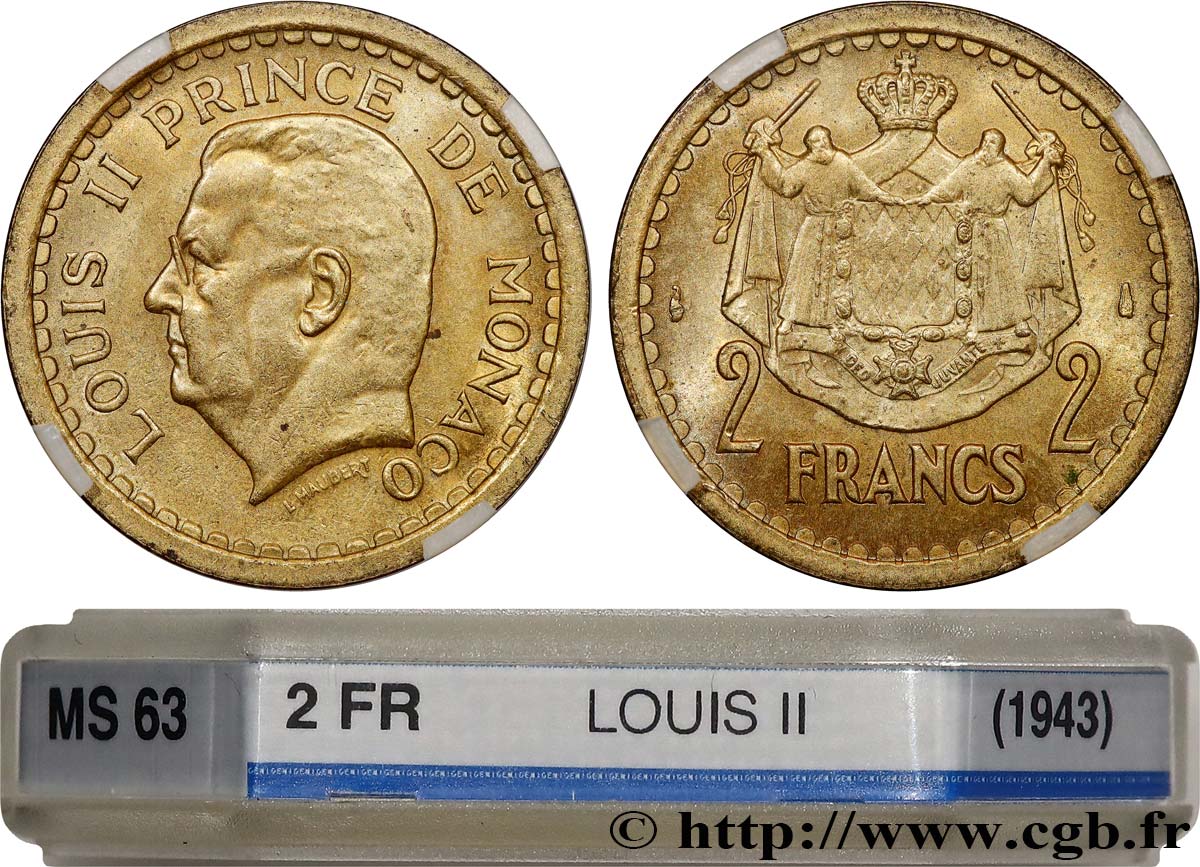 MONACO 2 Francs Louis II (1943) Paris SPL63 GENI